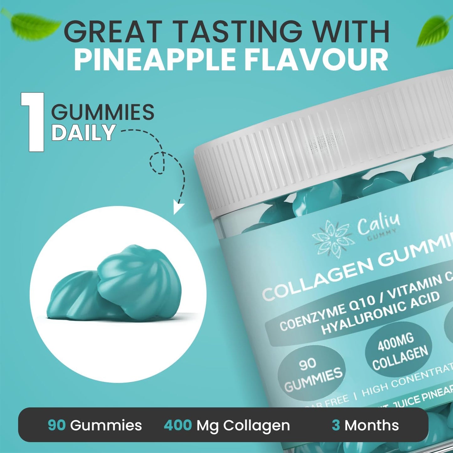Gominolas Colágeno |90 Gomas |Colágeno Marino 400Mg +Ácido Hialurónico +Coenzima Q10 +Vitaminas C/D |Sabor Natural Piña |Suplemento Para Piel, Pelo Y Articulaciones |Sin Azucar | 3 Meses 1 Goma Al Día