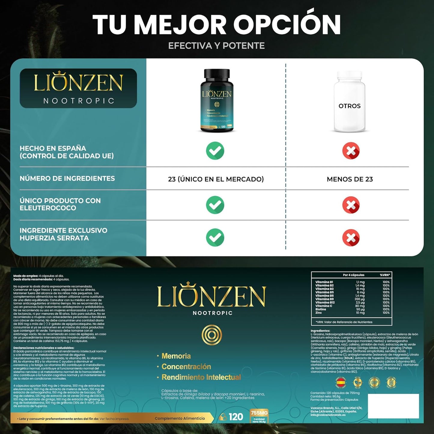 Nootropico Concentrado Para Memoria Y Concentración | +23 Ingredientes Naturales | Bacopa, Ginkgo Biloba, Cafeína, Melena León, Vitaminas, Magnesio, L-Tirosina, Ashwagandha, Ginseng. LIONZEN NOOTROPIC