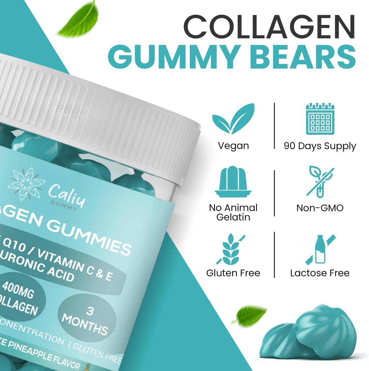 Gominolas Colágeno |90 Gomas |Colágeno Marino 400Mg +Ácido Hialurónico +Coenzima Q10 +Vitaminas C/D |Sabor Natural Piña |Suplemento Para Piel, Pelo Y Articulaciones |Sin Azucar | 3 Meses 1 Goma Al Día