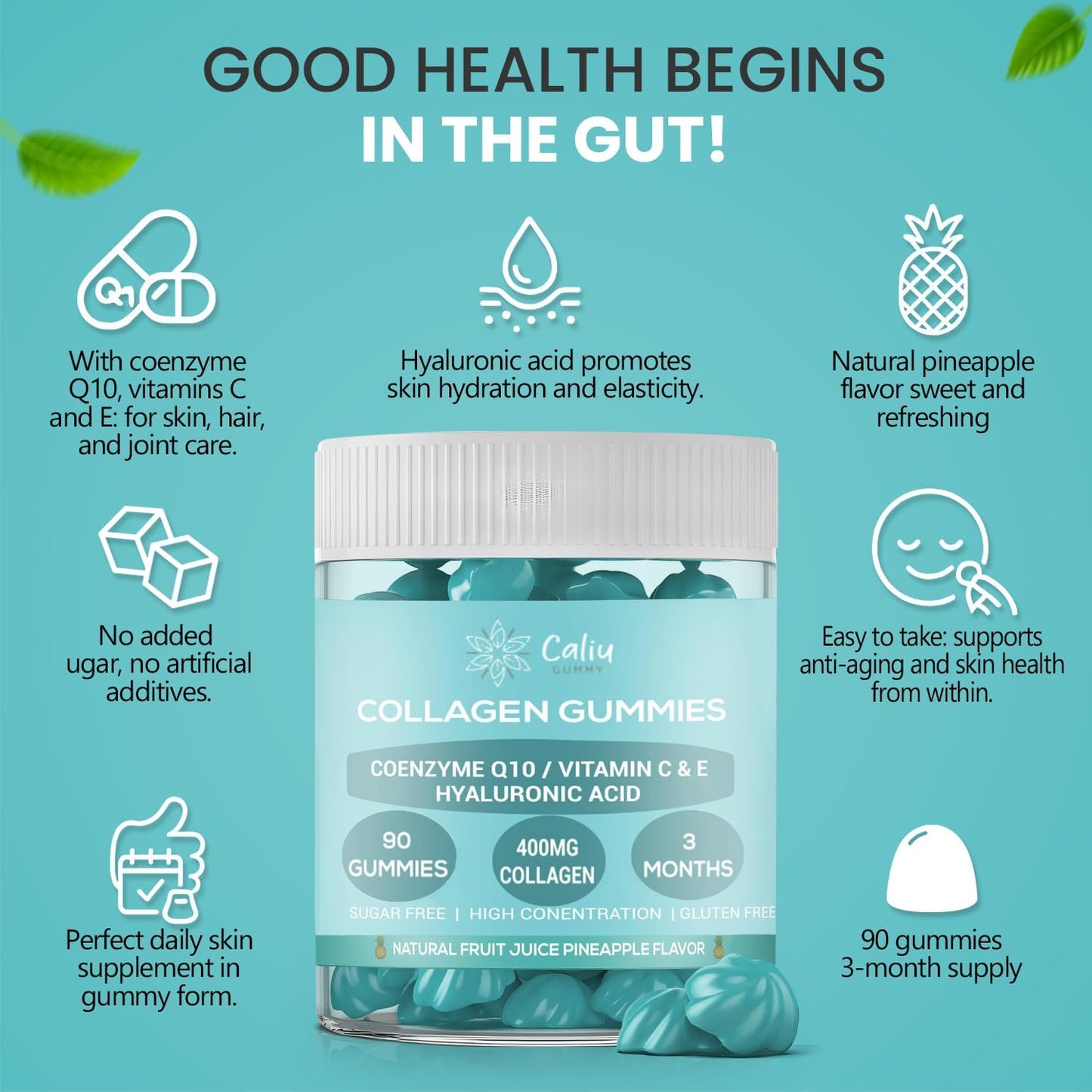 Gominolas Colágeno |90 Gomas |Colágeno Marino 400Mg +Ácido Hialurónico +Coenzima Q10 +Vitaminas C/D |Sabor Natural Piña |Suplemento Para Piel, Pelo Y Articulaciones |Sin Azucar | 3 Meses 1 Goma Al Día