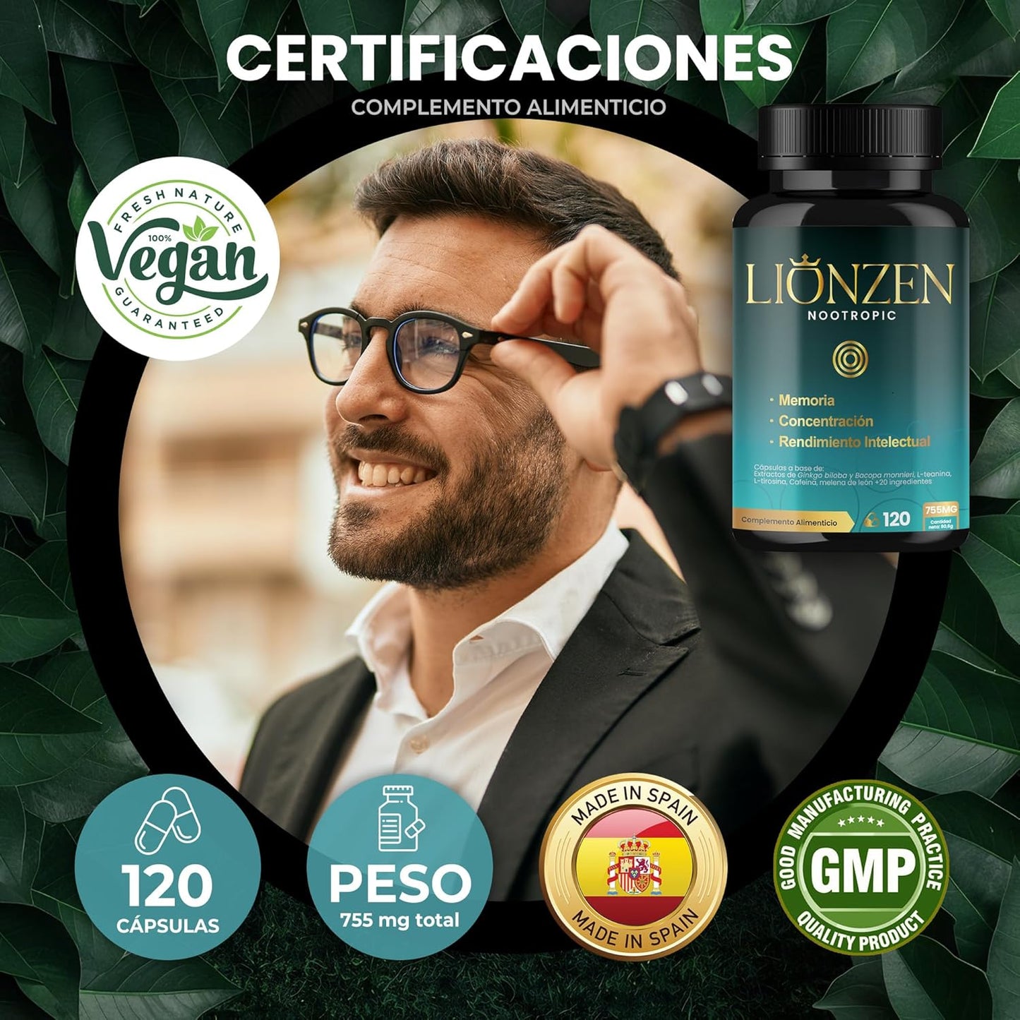 Nootropico Concentrado Para Memoria Y Concentración | +23 Ingredientes Naturales | Bacopa, Ginkgo Biloba, Cafeína, Melena León, Vitaminas, Magnesio, L-Tirosina, Ashwagandha, Ginseng. LIONZEN NOOTROPIC