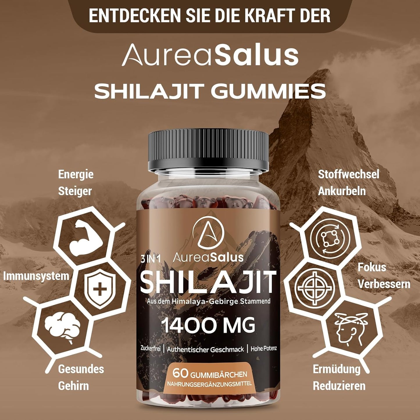 Gomitas De Shilajit 1400Mg Con Chaga Y Ashwagandha, Suplemento Para Hombres Y Mujeres, Rico En 85+ Minerales, Hecho Con Resina Pura Del Himalaya, Sin Azúcar, 120 Gummies