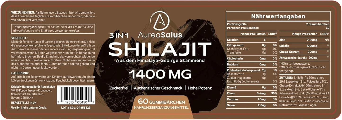 Gomitas De Shilajit 1400Mg Con Chaga Y Ashwagandha, Suplemento Para Hombres Y Mujeres, Rico En 85+ Minerales, Hecho Con Resina Pura Del Himalaya, Sin Azúcar, 120 Gummies