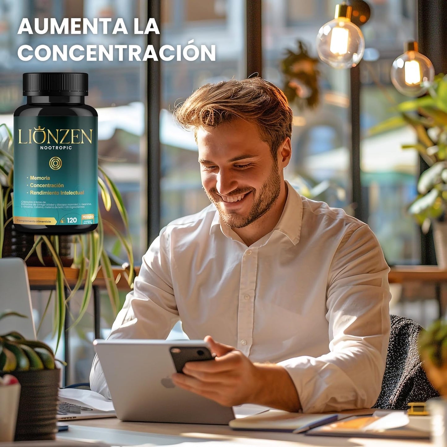 Nootropico Concentrado Para Memoria Y Concentración | +23 Ingredientes Naturales | Bacopa, Ginkgo Biloba, Cafeína, Melena León, Vitaminas, Magnesio, L-Tirosina, Ashwagandha, Ginseng. LIONZEN NOOTROPIC