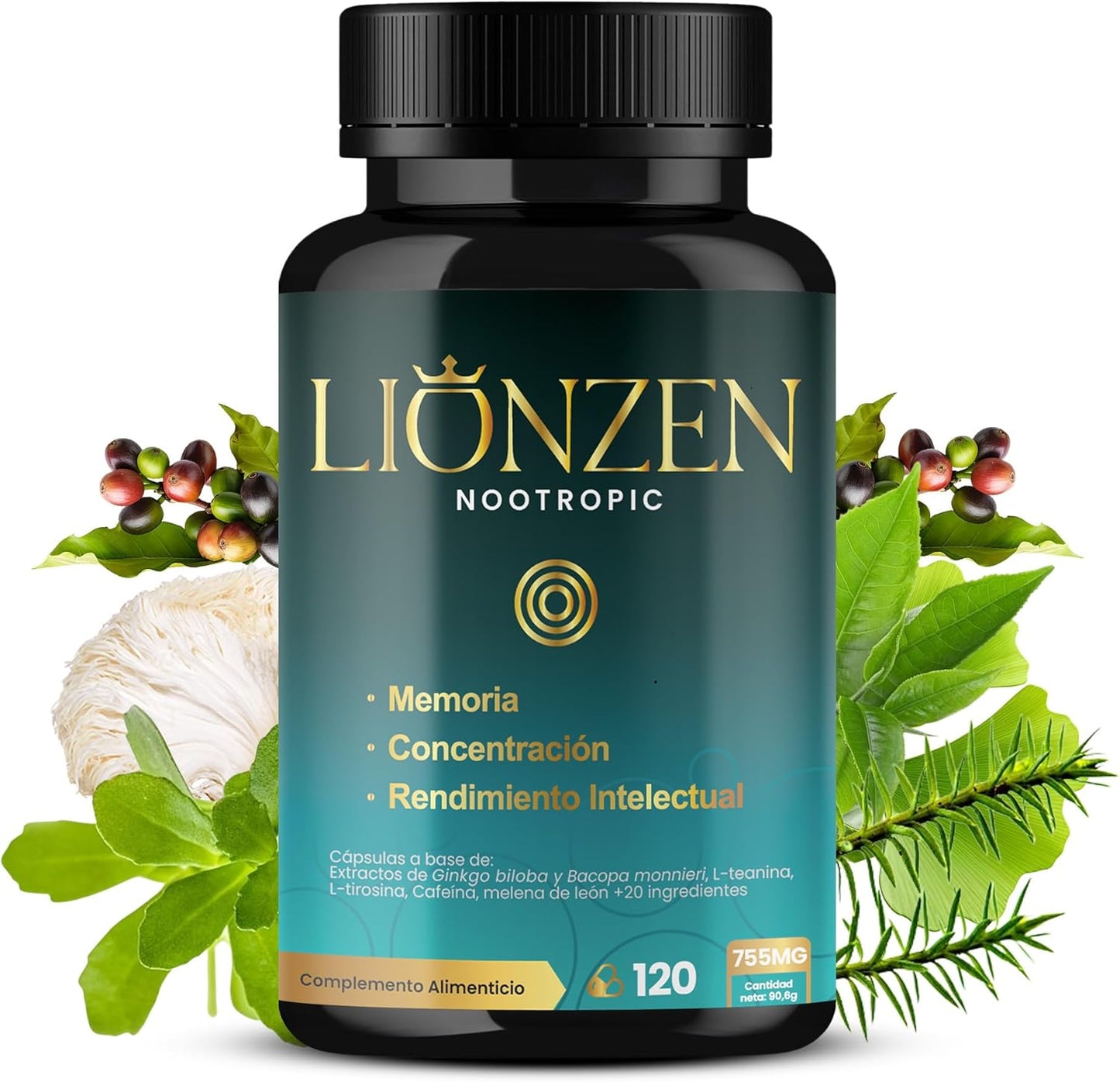 Nootropico Concentrado Para Memoria Y Concentración | +23 Ingredientes Naturales | Bacopa, Ginkgo Biloba, Cafeína, Melena León, Vitaminas, Magnesio, L-Tirosina, Ashwagandha, Ginseng. LIONZEN NOOTROPIC