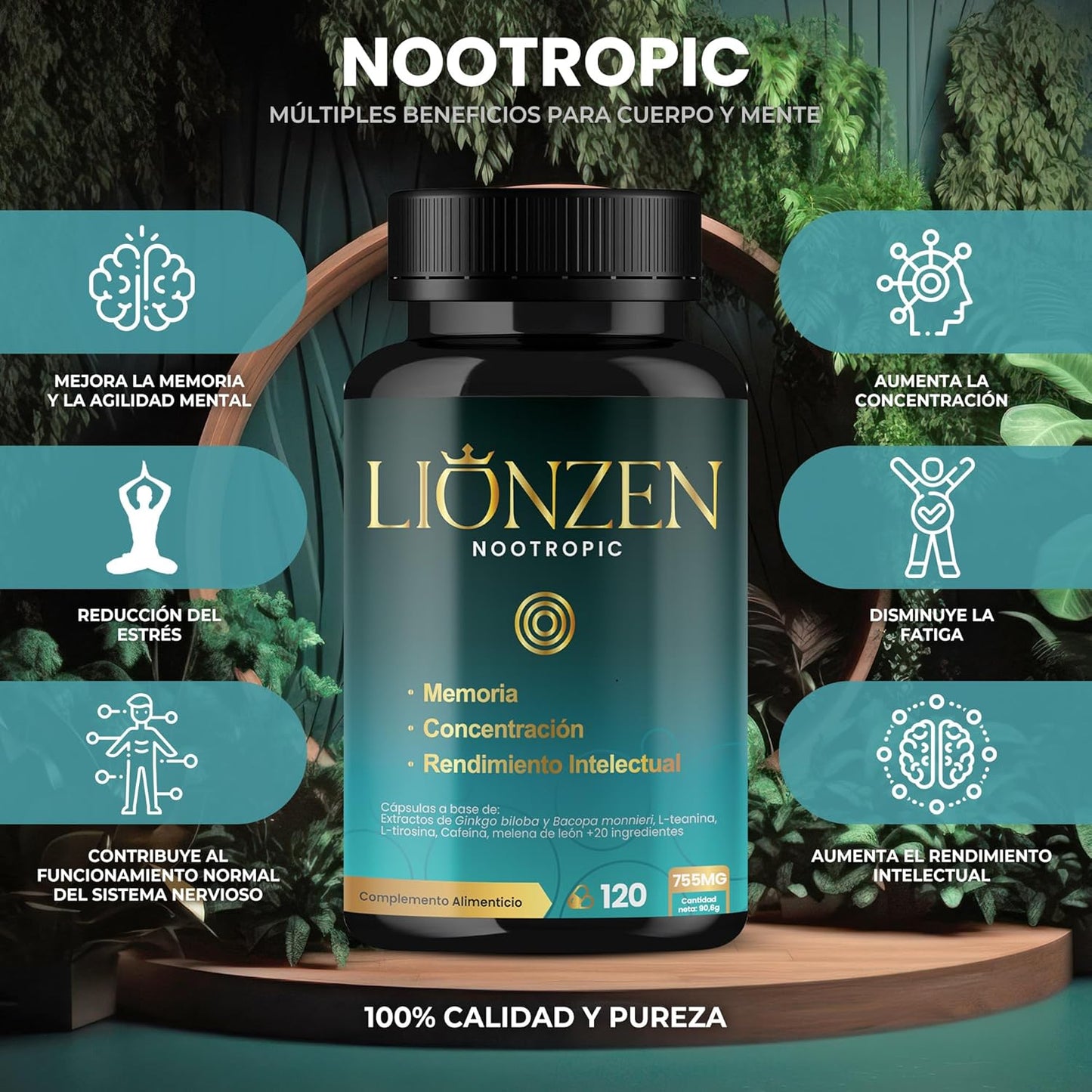 Nootropico Concentrado Para Memoria Y Concentración | +23 Ingredientes Naturales | Bacopa, Ginkgo Biloba, Cafeína, Melena León, Vitaminas, Magnesio, L-Tirosina, Ashwagandha, Ginseng. LIONZEN NOOTROPIC