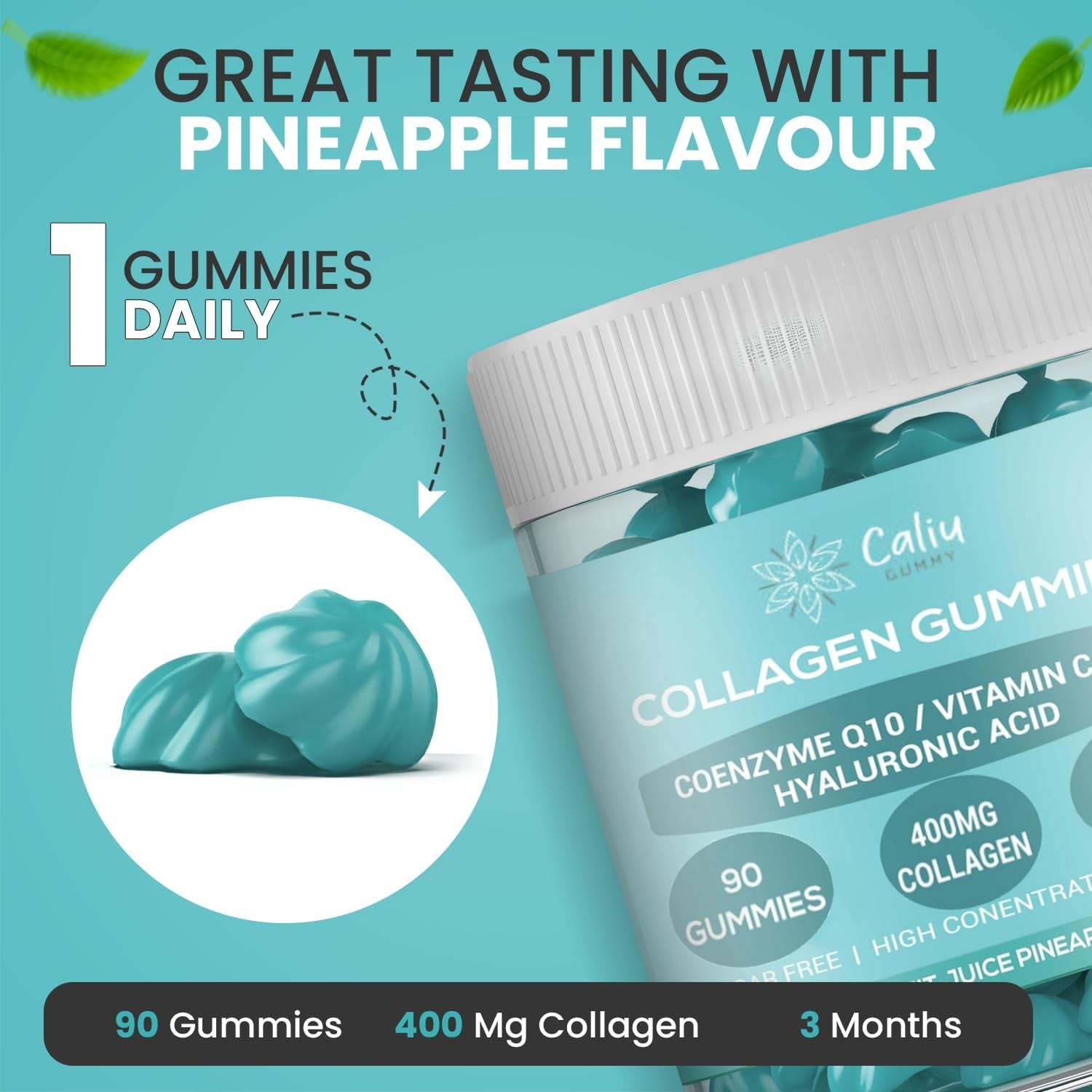 Gominolas Colágeno |90 Gomas |Colágeno Marino 400Mg +Ácido Hialurónico +Coenzima Q10 +Vitaminas C/D |Sabor Natural Piña |Suplemento Para Piel, Pelo Y Articulaciones |Sin Azucar | 3 Meses 1 Goma Al Día