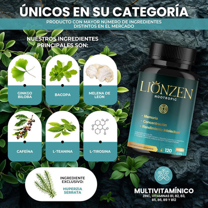 Nootropico Concentrado Para Memoria Y Concentración | +23 Ingredientes Naturales | Bacopa, Ginkgo Biloba, Cafeína, Melena León, Vitaminas, Magnesio, L-Tirosina, Ashwagandha, Ginseng. LIONZEN NOOTROPIC