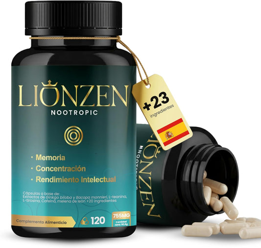 Nootropico Concentrado Para Memoria Y Concentración | +23 Ingredientes Naturales | Bacopa, Ginkgo Biloba, Cafeína, Melena León, Vitaminas, Magnesio, L-Tirosina, Ashwagandha, Ginseng. LIONZEN NOOTROPIC